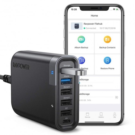 [6064] RAVPower RP-UM002 USB C Wall Charger 60W 6 Port with Quick Charge 3.0,Multi Device Backup Function and iSmart Multiple Port, 24W Power Delivery Desktop USB Charging Station Filehub for Phone and Tablet