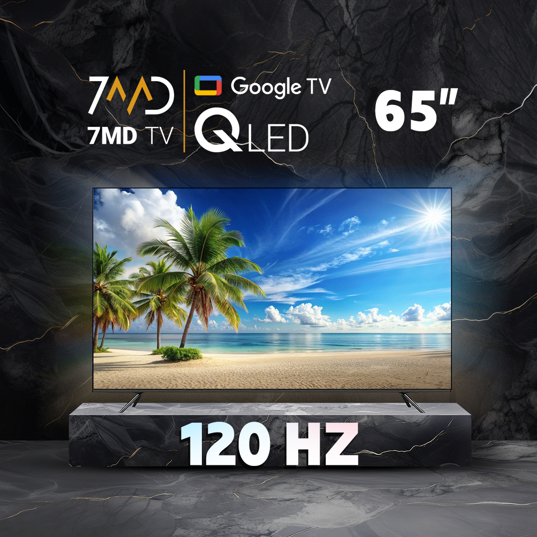 7MD 65-Inch QLED Google Smart TV – 120Hz Refresh Rate, 3x HDMI 2.1 Ports, Dual Remote, Free Wall Mount, 2GB RAM, 8GB Internal Storage | 7MR65DT24USBT2Q |