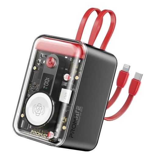 PROMATE 65W PD 20000mAh Power Bank – Transparent Design, Multi-Device Charging, Built-in USB-C & Lightning Cables | Mavrix-20 |