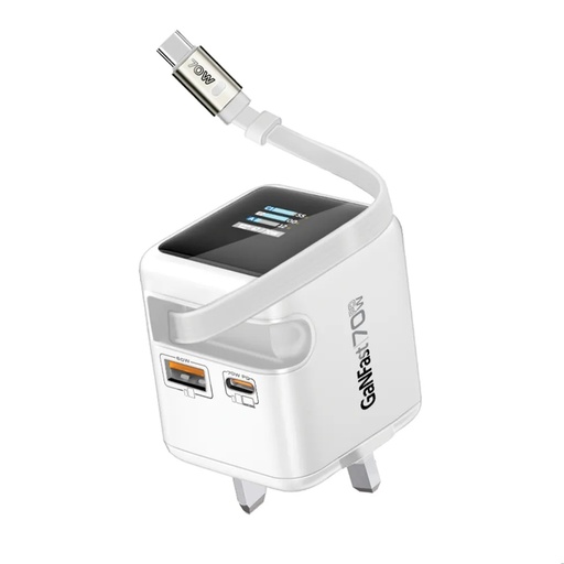 [12048] PROMATE 70W GaNFast Charger – Adaptive Fast Charging, Built-in Retractable USB-C Cable | Cubix-R70 |