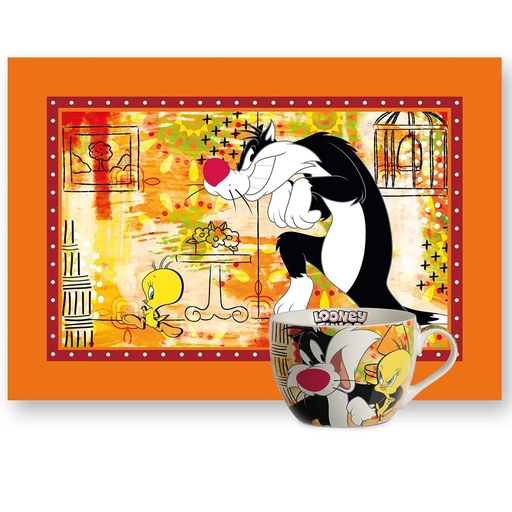 [12054] DISNEY Breakfast Cup & Placemat Set – Looney Tunes Design, 430ml Ceramic Mug + Cotton Mat, Microwave & Dishwasher Safe, Gift Collection