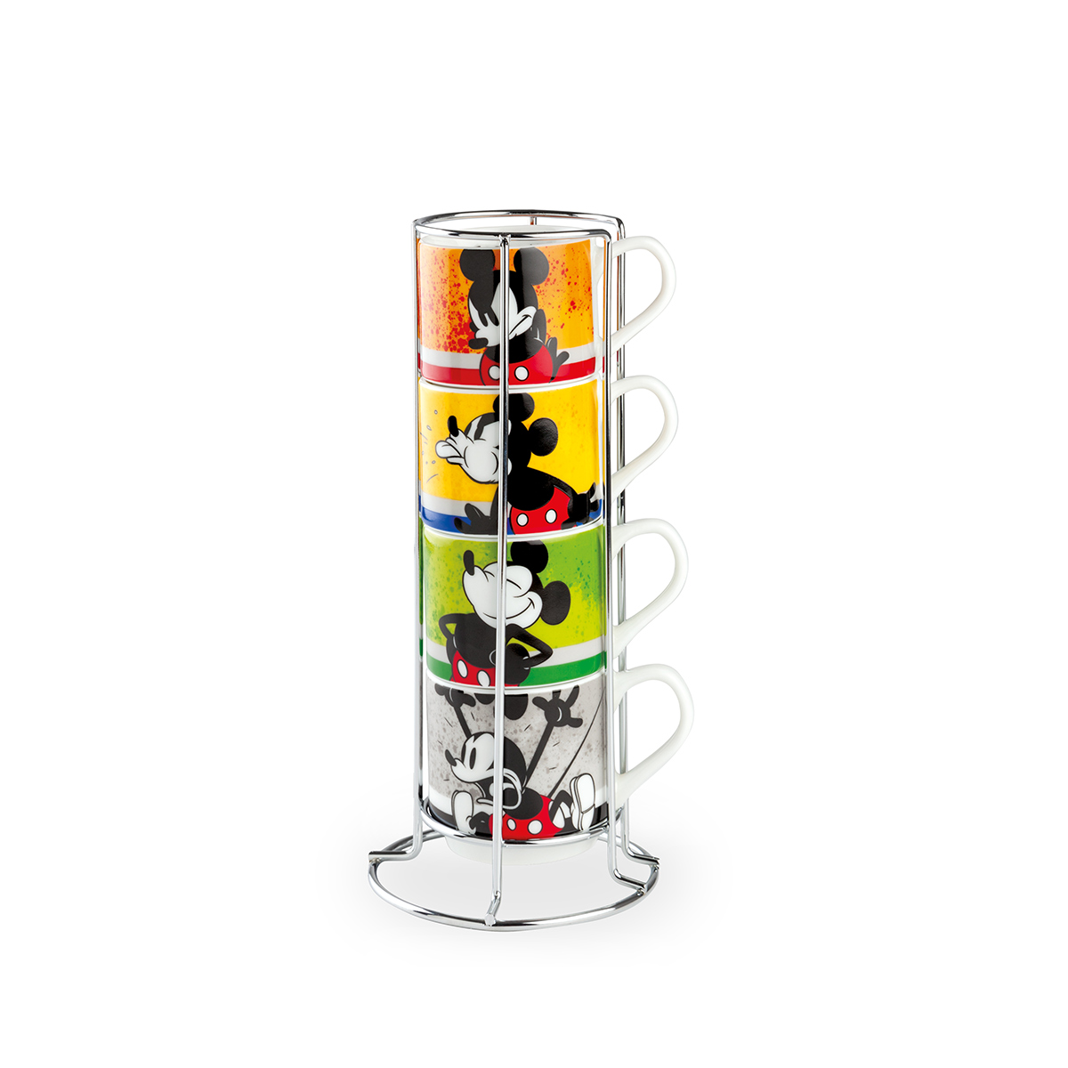 DISNEY Stackable Coffee Cup Set with Metal Rack – 80ml Porcelain, Microwave & Dishwasher Safe, 4-Piece Organizer | PWM02I/4AM |