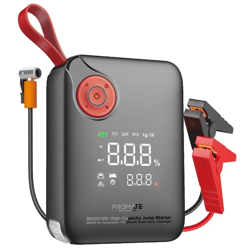 [12076] Promate 4-in-1 Emergency Car Jump Starter – 800A Peak Current, 150PSI Air Compressor, 10000mAh Power Bank, Dual USB & Type-C Ports, LED Flashlight | PatrolPack‑4 |