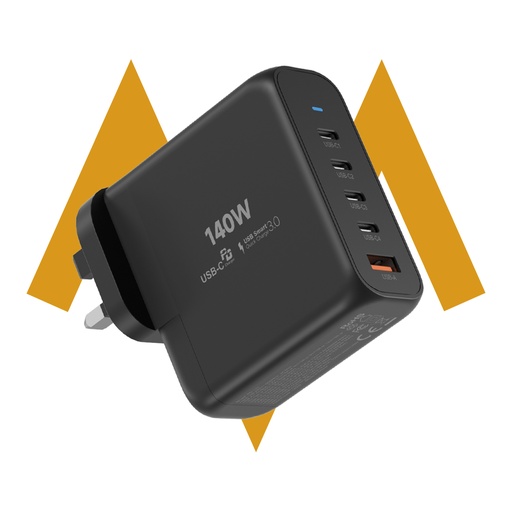 [12187] 7MD 140W GaN Fast Charger – 5-Port USB-C & USB-A Adapter, Ultra Fast Charging with Smart IC, Quick Charge Travel Power Brick | 7MD47725 |