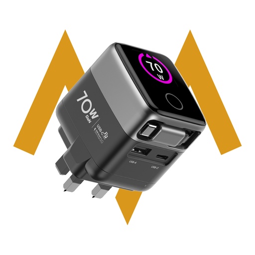 [12188] 7MD 70W GaN Display Charger – USB-C Fast Charging Adapter with Digital Power Display, 2 Ports and Retractable USB-C Cable | 7MD45925 |