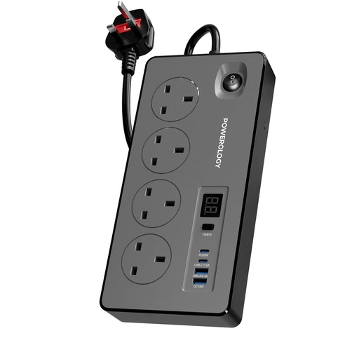[12352] Powerology 2990W Power Strip with 4 AC Sockets, Dual USB-C PD & Dual USB-A QC, Digital Display, 99H Timer and 2m UK Plug | PWCUQC045BK |
