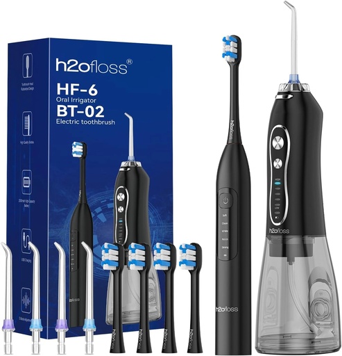 [12528] h2ofloss Oral Care Combo Set with Water Flosser & Electric Toothbrush, 300ml Water Tank, 5 Cleaning Modes, 2000mAh Battery & IPX7 Waterproof - Complete Dental Care Kit | HF-6 & BT-02 |